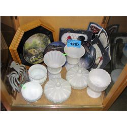 Shelf lot of collectable milk glass and assorted decorative household items