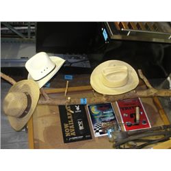 Home made wooden hat rack with 3 cowboy hats
