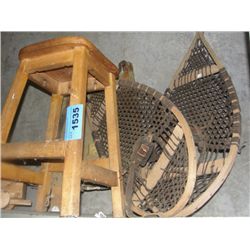 Lot of vintage items; snow shoes, back board and wooden stool