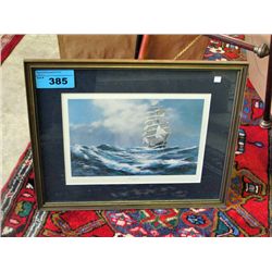 Framed sailboat print titled "Krusenstern USSR"