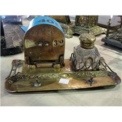 Brass and glass inkwell desk set