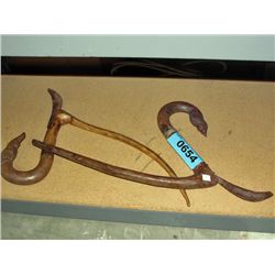 2 wood hand crafted farmers cutting tools