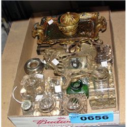 Box full of early 1900s ink wells and desk set