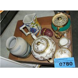 Box of assorted collectable tea pots, vases, etc
