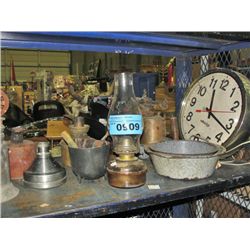 Shelf lot of assorted tools, lanterns etc