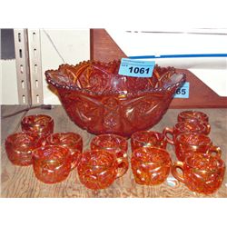 13pc orange carnaval glass punch bowl set