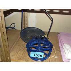 Early 1900s steel pulley with attached scale