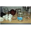 Image 1 : Shelf lo tof assorted glass canisters, tea pot, ec