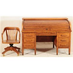 Tiger Oak Roll Top Desk & Chair