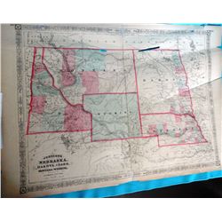 Map: Johnson’s Nebraska, Dakota, Idaho, Montana and Wyoming. 1865. Multi colored. Double page 17” x 