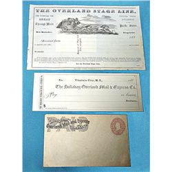 Group of 3 Holladay Overland Mail & Express Co. pieces. Virginia City M.T. check, envelope & waybill