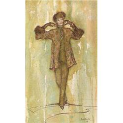 Noel Taylor costume sketch of Katharine Hepburn for "Laura Lansing Slept Here" (brown coat)