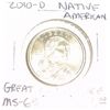 Image 1 : 2010-D NATIVE AMERICAN $1 COIN RED BOOK VALUE IS $7.00 *RARE MS-65 HIGH GRADE GREAT LAW OF PEACE*!!