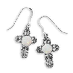 GENUINE STERLING SILVER Synthetic Opal Filigree Cross Earrings