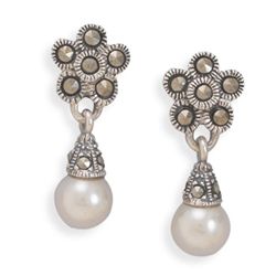 GENUINE STERLING SILVER Marcasite Earrings with Imitation Pearl Drop