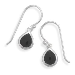 GENUINE STERLING SILVER Pear Inlay Black Onyx French Wire Earrings