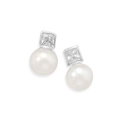GENUINE STERLING SILVER 4mm Square CZ and 5.5mm White Cultured Freshwater Pearl Post Earrings