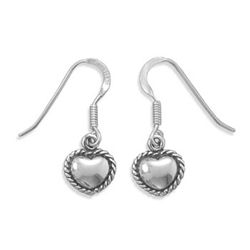 GENUINE STERLING SILVER Heart with Rope Edge Earrings on French Wire