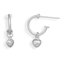 GENUINE STERLING SILVER & Rhodium Plated Small Puffed Heart on Hoop Post Earrings