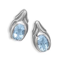 GENUINE STERLING SILVER & Oxidized  Oval Blue Topaz Post Earrings