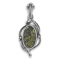 GENUINE STERLING SILVER & BALTIC AMBER - Oval Green  Amber Pendant with Leaf Design