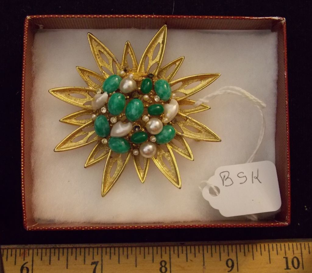 Vintage B.S.K. Brooch with Faux Pearl, Cabochon, a Vintage Costume