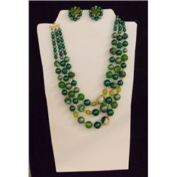 Vintage Necklace & Earring set w/ Green & Crystal Costume Jewelry  Necklace and Ear Ring set with Gr