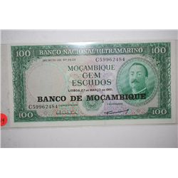 1961 Mocambique Cem (100) Escudos Foreign Bank Note; EST. $5-10