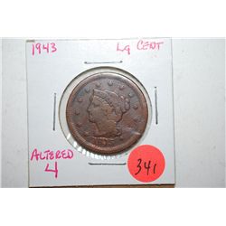 1943 Large One Cent With Altered 4; EST. $15-25