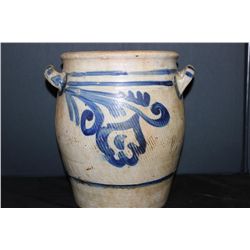 BLUE DECORATED STONEWARE CROCK - MINT - 11.5" X 11"