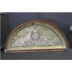 HALF MOON LEADED GLASS FROM CHURCH IN FONDA - SMALL PIECE MISSING - 48" LONG - 24" HIGH