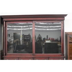 TERRIFIC WALNUT STORE DISPLAY W/ 4 SHELVES - SLIDING DOORS - RAISED PANEL - FRONT PULL OUT WRITING S