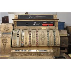 MASSIVE NATION BRASS CASH REGISTER MOUNTED ON ORIG. DRAWERED BASE - NEEDS KEY & MINOR WORK