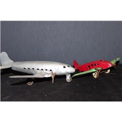 2 PLANES 1 MONEY - SILVER PLANE 7.5" WINGSPAN 9" - RED PLANE 3" WINGSPAN 7" - GOOD COND.