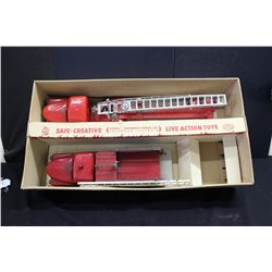 STRUCTO 2 PC. TIN FIRE TRUCK W/ ORIG. BOX - SMALL TRUCK MISSING 1 LADDER & HOSE - 22" EXTENSION LADD