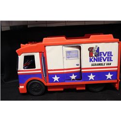 1973 IDEAL COMPLETE EVIL KNIEVEL TOURING VAN AND STUNT CYCLE W/ ORIG. BOXES - CYCLE HAS 1 BROKEN HAN