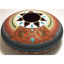 Navajo Etched & Painted Turquoise & 14k Gold Eagle Pottery - Lori Smith
