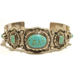 Old Pawn Navajo Spider Web #8 Turquoise Sterling Silver Cuff Bracelet - Joey Allen