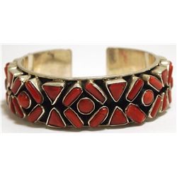 Old Pawn Navajo Coral Cluster Sterling Silver Cuff Bracelet