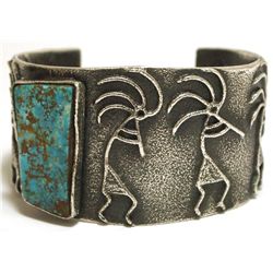 Navajo Kingman Turquoise Sterling Silver Tufacast Kokopelli Cuff Bracelet - Philander B Begay