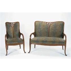 Art Nouveau Walnut Loveseat and Two Matching...