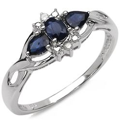 0.67 Carat Genuine Sapphire & White Diamond .925 Sterling Silver Ring