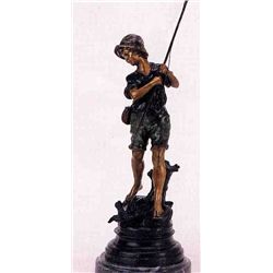 "Boy With Fishing Pole" Bronze Sculpture - A.  Moreau