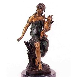 "Seated Woman With Cupid" Bronze Sculpture - A. Moreau