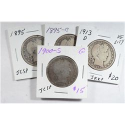 BARBER HALVES- 1900-S GOOD, 1913-D VG, 1895 G-VG, 1895-O GOOD