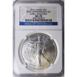 2011 25 TH ANNIVERSARY AMERICAN SILVER EAGLE EARLY RELEASE NGC MS70