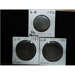 GREAT BRITAIN 1772 HALF PENNY & 2-1797 CARTWHEELS