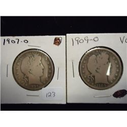 1907-O & 09-O BARBER HALF DOLLARS BOTH (VG)