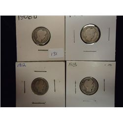 1908-D,08-S,12 & 13 BARBER DIMES