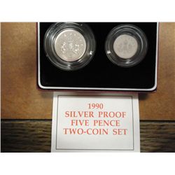 1990 GREAT BRITAIN SILVER PROOF 5 PENCE 2 COIN SET